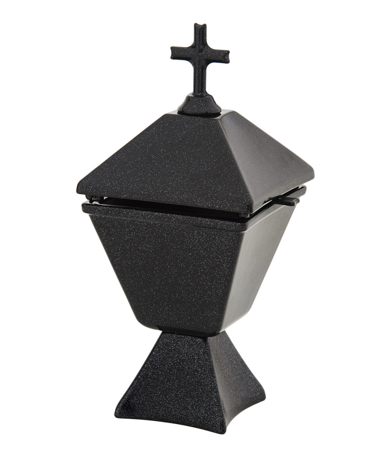 Black incense burner with cross on the lid